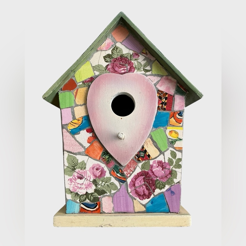 Vintage Floral Mosaic Wooden Birdhouse Cottage Farmhouse Decor
